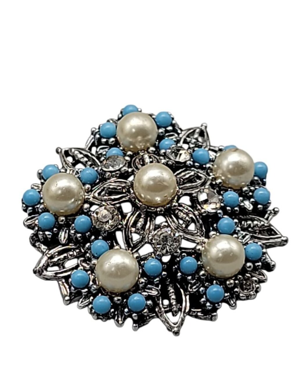 Star Vintage Faux Turquoise & Imitation Pearl Brooch Silver Tone Rhinestones